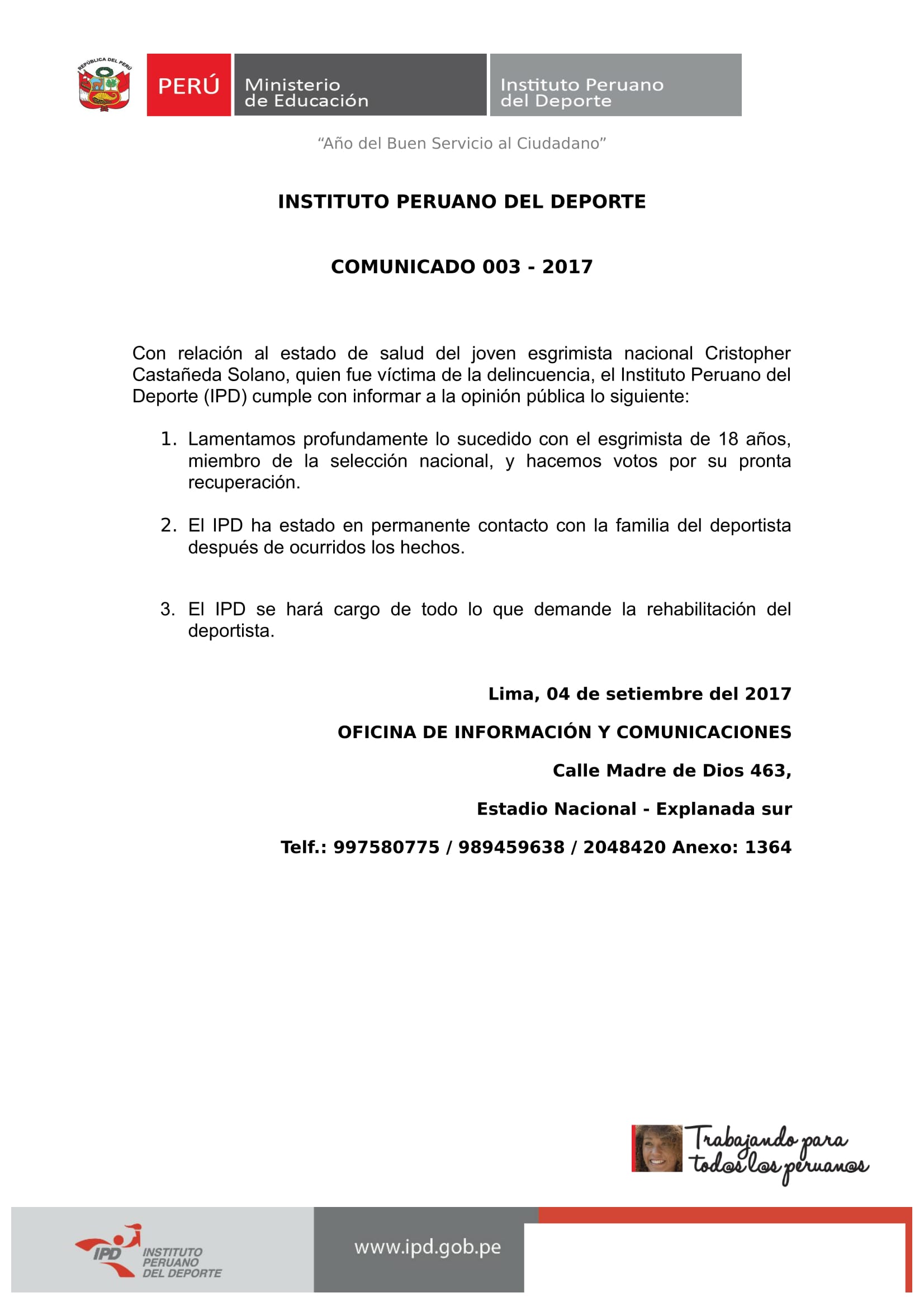 IPD COMUNICADO DE PRENSA SITUACIÓN DEL JOVEN DEPORTISTA CRISTOPHER CASTAÑEDA VICTIMA DE LA DELINCUENCIA 1