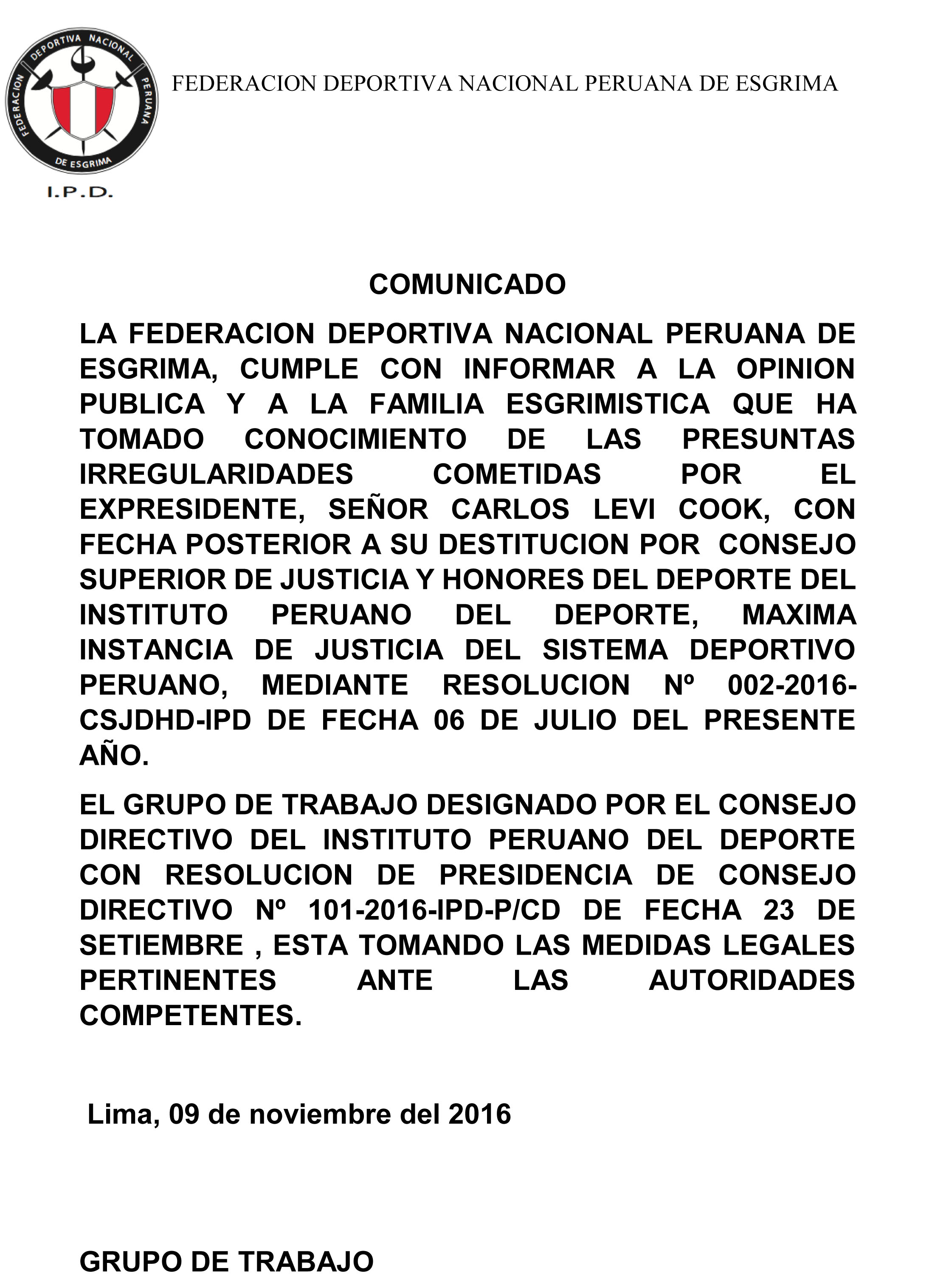 comunicado federacion peruana de esgrima